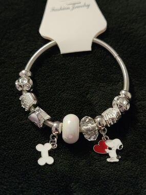 Fashion Jewelry Silver Dog Charm Bracelet with White & Red Accents